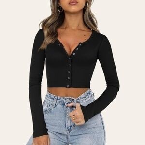 FENSACE Womens Button Down Long Sleeve Crop Top